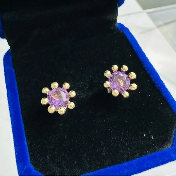 Gold Over Sterling Silver Amethyst Stud Earrings – Vintage Floral Design - Picture 3 of 12